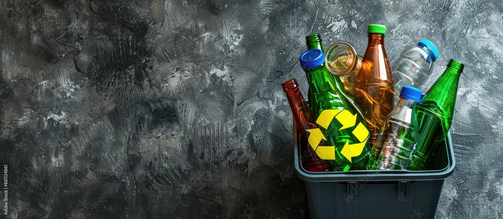 Poster recycling bin filled with glass and plastics to recycle. copy space image. place for adding text or 
