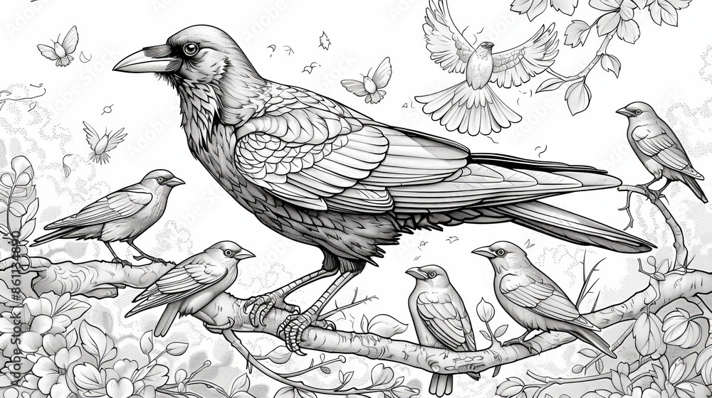 Wall mural coloring book a beautiful detailed pencil drawing of a murder of crows perched on a branch. the imag