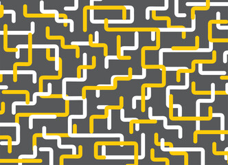 Abstract pattern of white and yellow curved lines on a gray background. Labyrinth, steps. transmission. Modern vector background. Transport style