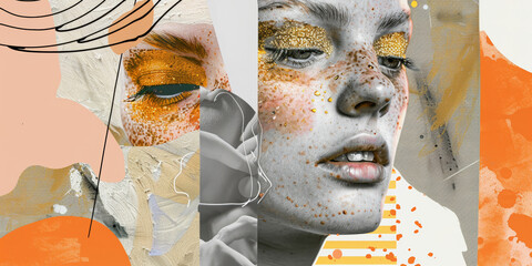 Abstract Art Collage Featuring Woman's Face with Glitter and Surreal Elements