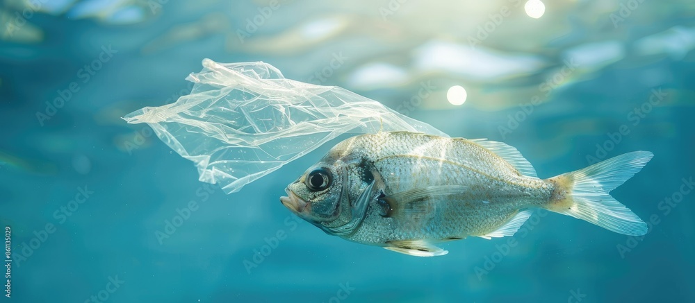 Poster fresh fish with a half of plastic metaphor micro plastic is contamination in organisms of marine lif