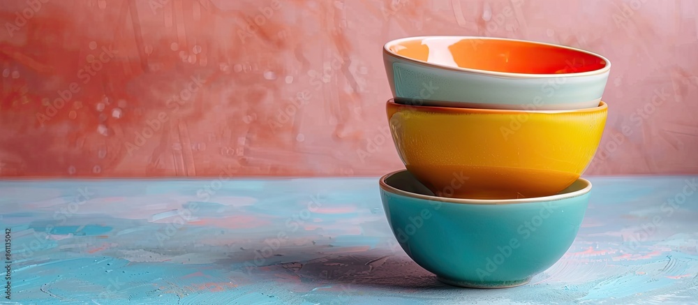 Poster colorful porcelain bowl for home use. copy space image. place for adding text and design