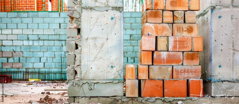 Poster start of construction in a new building with a free plan of red brick and gas-silicate blocks. copy 