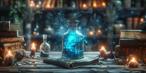 Obraz premium Mystical Potion Bottle on Vintage Table with Glowing Magic and Ancient Books in Candlelight