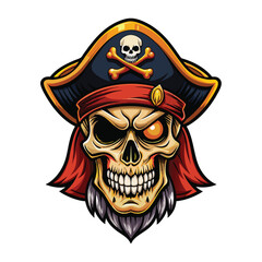 a skull pirate. The pirate skull should wear a traditional pirate hat with a skull and crossbones emblem prominently displayed. can be uset for t-shirt and more