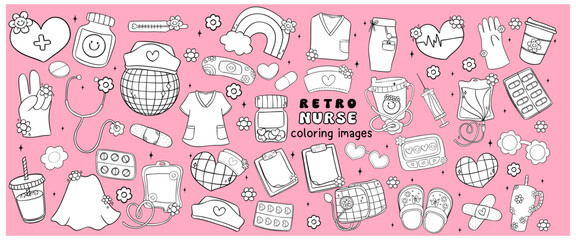 Fototapeta premium Retro groovy Disco nurse life doodle line drawings coloring images collection.