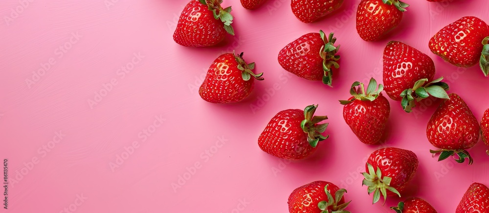 Poster creative layout made of strawberry on the pink background. flat lay. food concept. macro concept. co