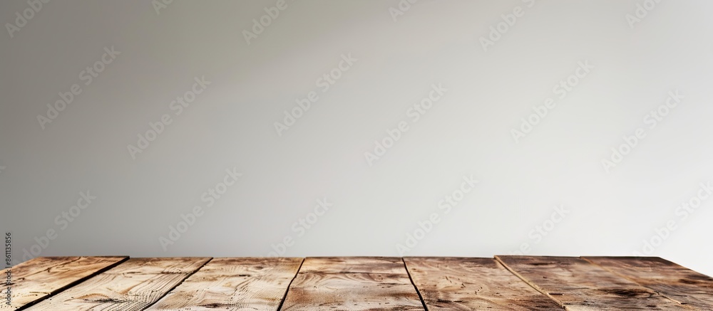 Poster wood table lean on white wall background. copy space image. place for adding text and design
