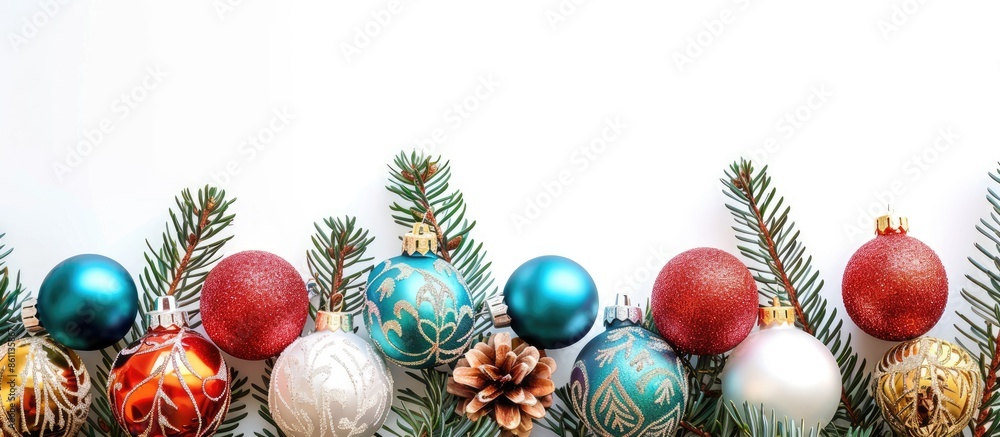 Poster christmas decoration baubles with branches of fir tree on white background. copy space image. place 