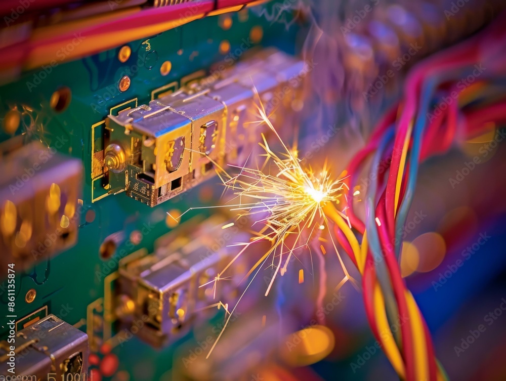 Poster a circuit board with sparks flying from a faulty connection. ai.