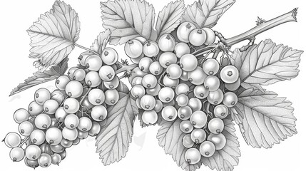 Obraz premium coloring book Black and white currant berries on the branch with leaves. Detailed botanical drawing.
