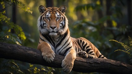 Tiger in the middle of the forest, leopard in the middle of the forest, Bengal tiger, wild animal in the middle of the forest, tiger relaxing