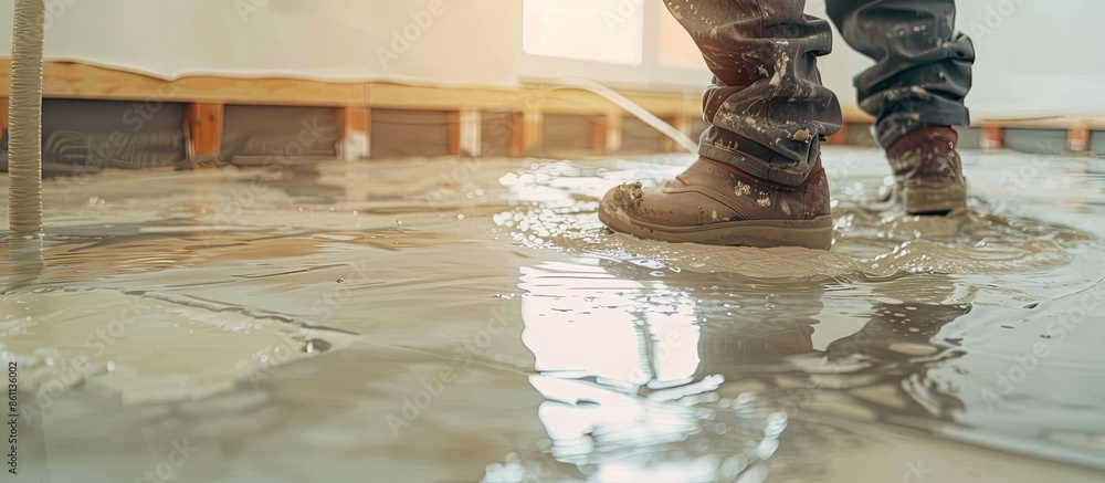 Sticker self-leveling floor. floor repair, liquid mixture, leveling flooring. Copy space image. Place for adding text and design