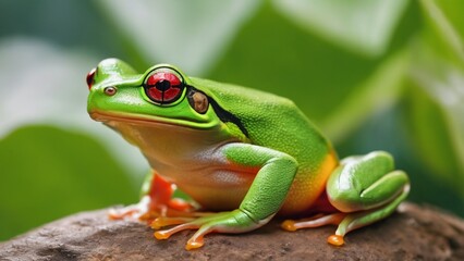 Green tree frog (Agalychnis callidryas) with red eyes, close-up.Terrarium, zoo laboratory. Nature, wildlife, biology, zoology, herpetology, science, education, graphic resource, design, 3D, copy space