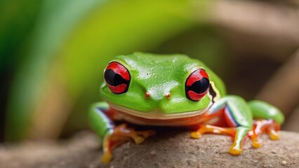 Fototapeta premium Green tree frog (Agalychnis callidryas) with red eyes, close-up.Terrarium, zoo laboratory. Nature, wildlife, biology, zoology, herpetology, science, education, graphic resource, design, 3D, copy space