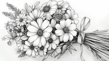 Obraz premium coloring book Black and white image of a bouquet of different flowers tied with a ribbon.