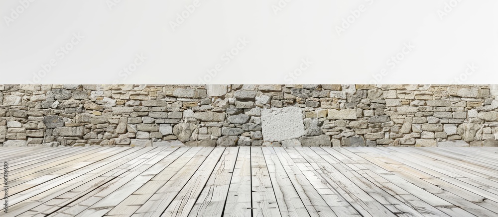 Poster wood terrace and stone wall texture background surface white color. copy space image. place for addi