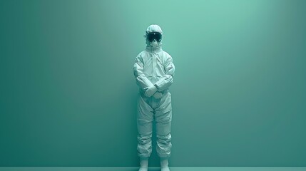 Person In Protective Suit Standing Against Teal Wall