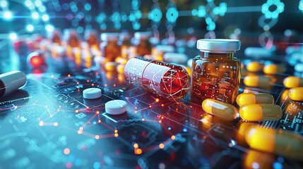 Pharmaceutical Pills on Circuit Board Background