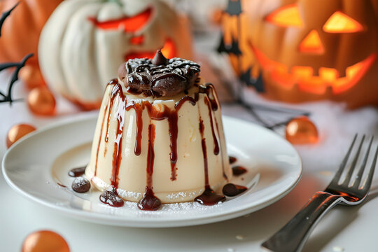 a cake on a white plate in halloween theme