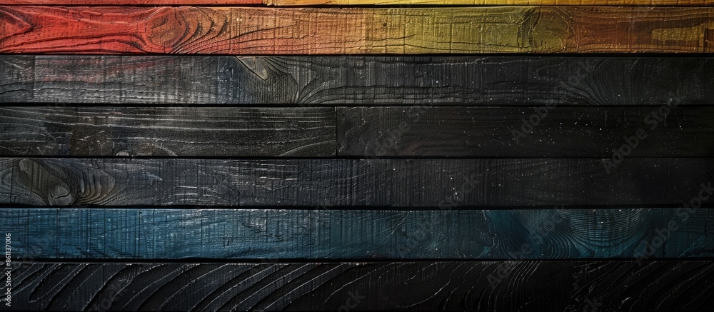 Poster variety color of wooden stripe on black board in blur style. copy space image. place for adding text
