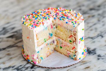 Funfetti cake with colorful sprinkles and creamy white frosting, a joyful and festive dessert perfect for celebrations and parties