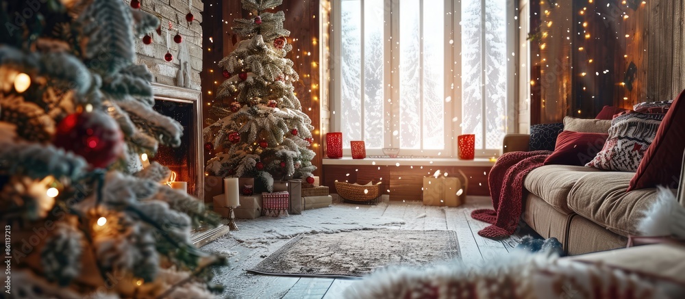 Poster cozy snowy new year's interior. copy space image. place for adding text and design