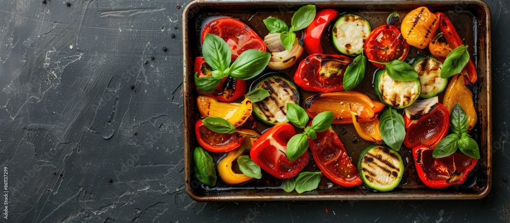Wall mural Grilled vegetables on baking tray over dark background. Top view, flat lay. Copy space image. Place for adding text or design - Wall murals