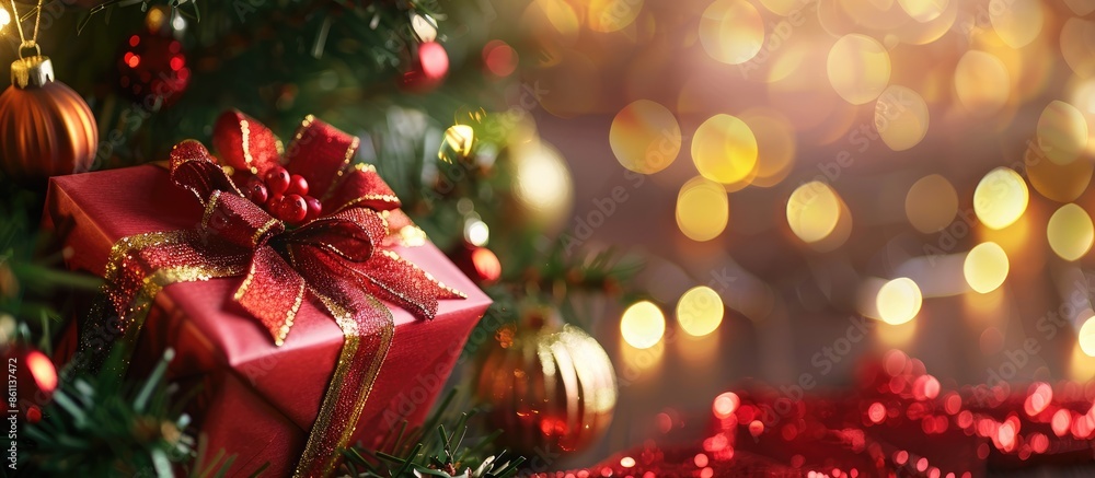 Poster gifts under the christmas tree close-up. new year's background. copy space image. place for adding t