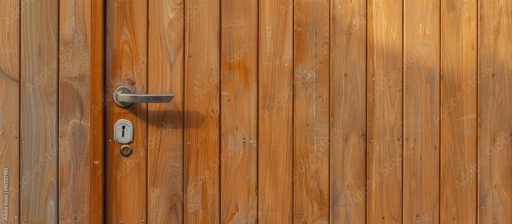 Poster light brown convention wooden door with door handle and key lock. copy space image. place for adding