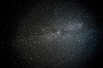 A black-and-white photograph of a star-filled night sky with the Milky Way galaxy prominently visible. Copy space.