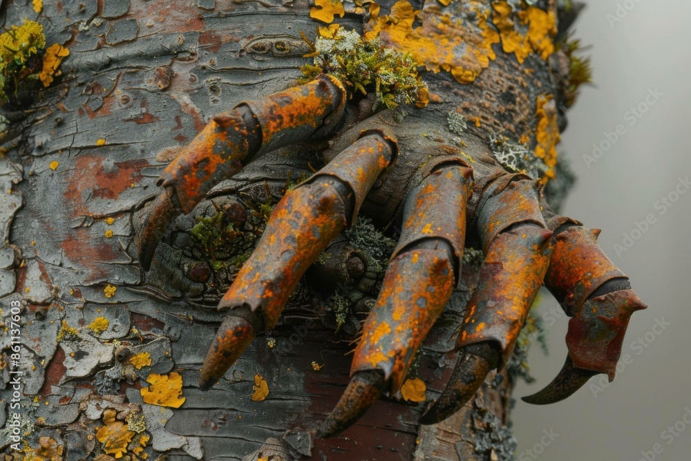 Poster Tree bark with a claw-like branch growing out of it. AI.