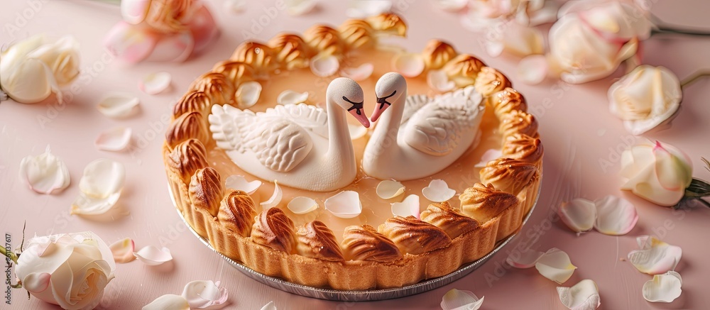 Poster wedding pie with figures of two swans. isolate isolated on pastel background. copy space image. plac