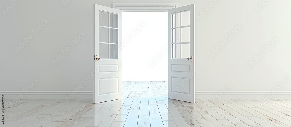 Poster room with open door to white. copy space image. place for adding text and design