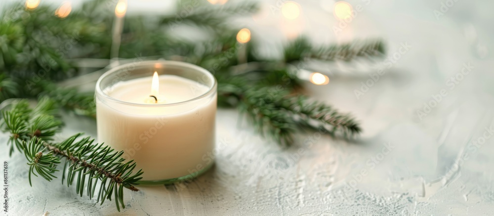 Canvas Prints a candle and a branch of a fir tree on a light background. cozy house . Copy space image. Place for adding text and design