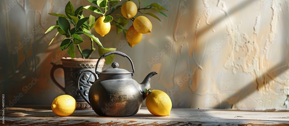 Aufkleber vintage metal teapot on the kitchen table next to a potted lemon tree. copy space image. place for a
