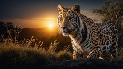 Tiger in the middle of the forest, leopard in the middle of the forest, Bengal tiger, wild animal in the middle of the forest, tiger relaxing, spotted tiger with twilight background