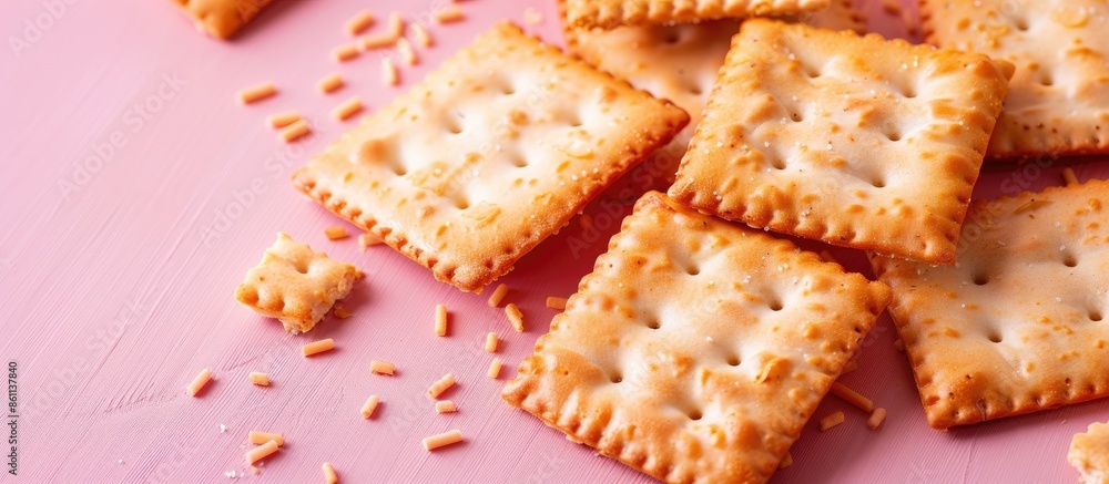 Poster luxury herb flavored crackers isolated on pastel background. copy space image. place for adding text