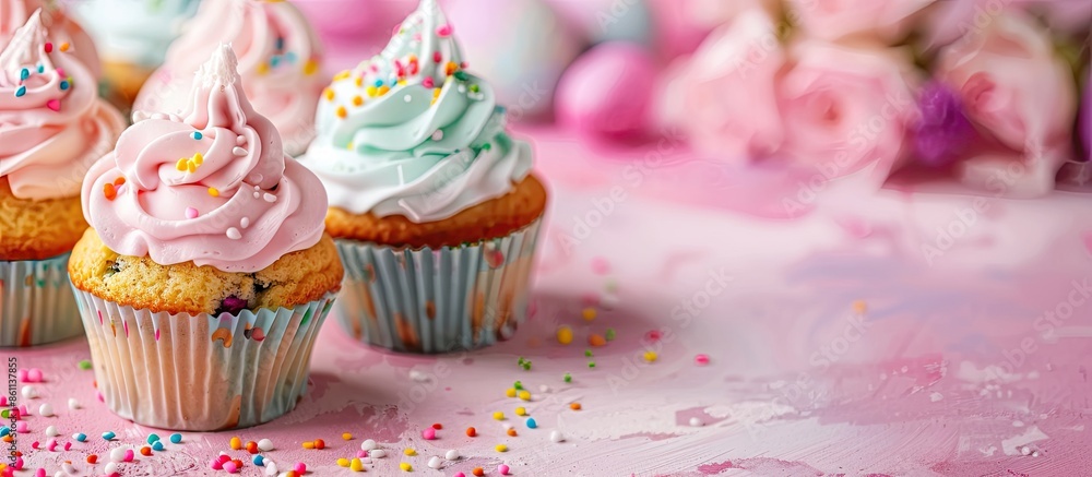 Poster gourmet spring easter cupcakes on a pastel background. selective focus. copy space image. place for 
