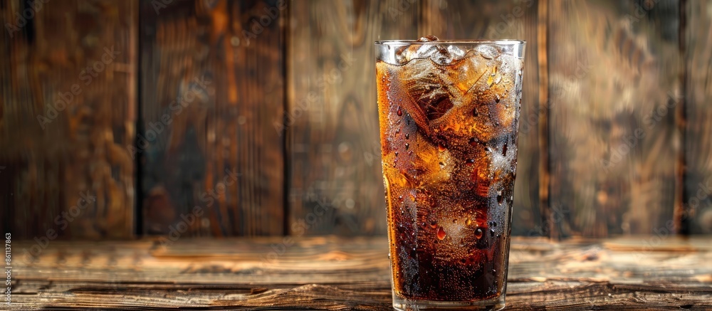 Poster glass of cold cola soft drink with ice on wooden background. copy space image. place for adding text
