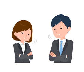 スーツを着たビジネスピープル男女。「あいつはわかってる」という頷き。