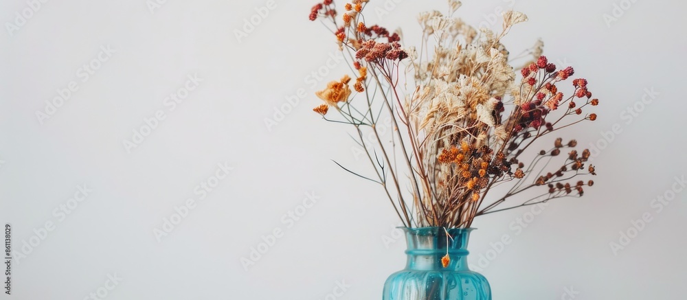 Poster dried flowers. on a white background in a blue glass vase. place for text or advertising. view from 