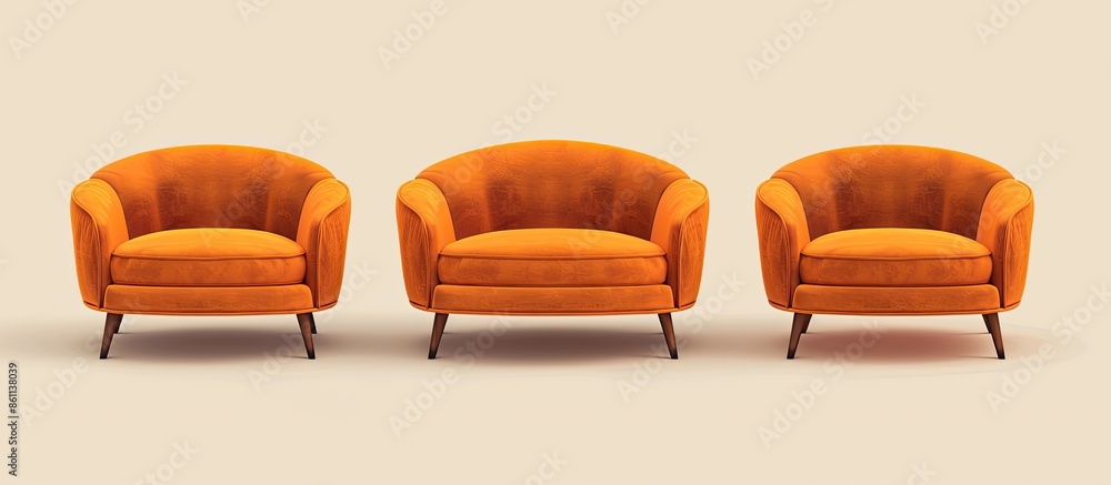 Poster realistic orange small sofa. fabric sofa in a classic style. sofa from different angles. sofa projec