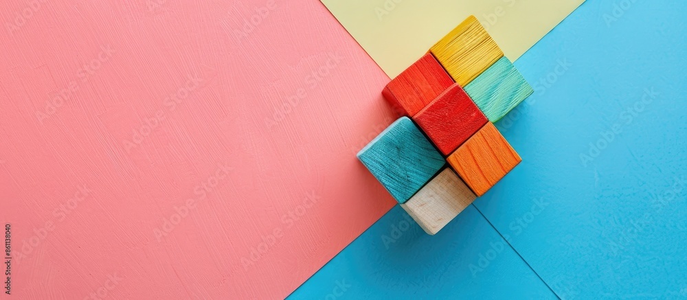 Poster colorful wooden cube toy for kid pastel background design. copy space image. place for adding text a