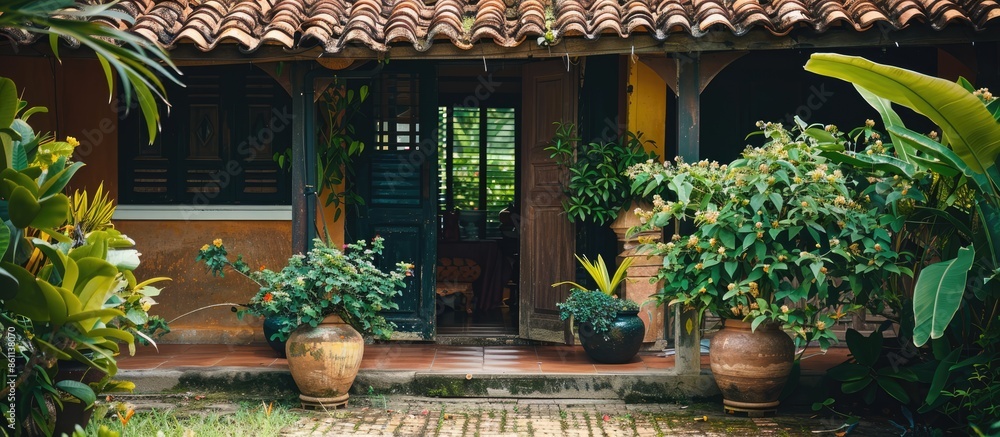 Poster a beautiful plant infront a house. copy space image. place for adding text and design