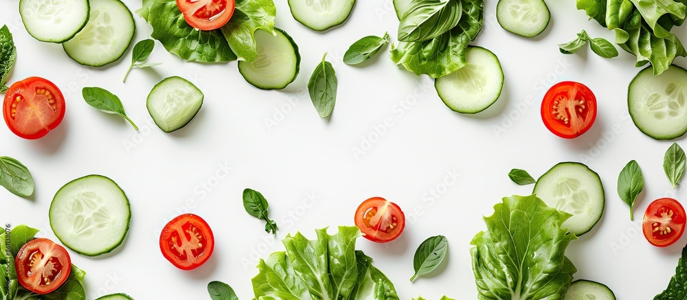 Aufkleber creative layout made of tomato, cucumber and salad leaves on the white background. flat lay. food co