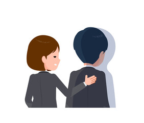 スーツを着たビジネスピープル男女。落ち込む彼に寄り添い励ます彼女。