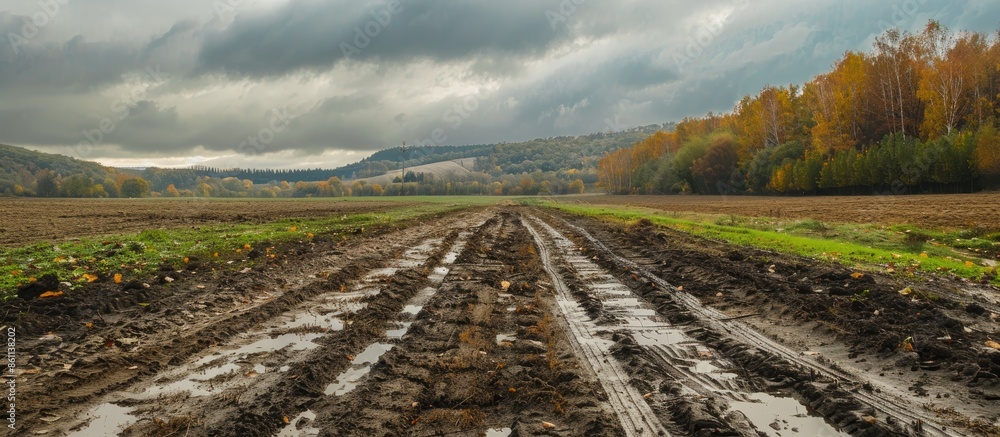 Poster landscape with wheel tracks on a muddy field in autumn in cloudy weather in off-road terrain. copy s