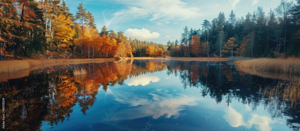 Poster lake reflecting sky in autumn landscape. copy space image. place for adding text or design