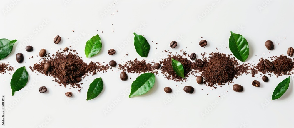 Aufkleber flat lay of ground coffee with coffee beans and real coffee leaves isolated on white background. cop